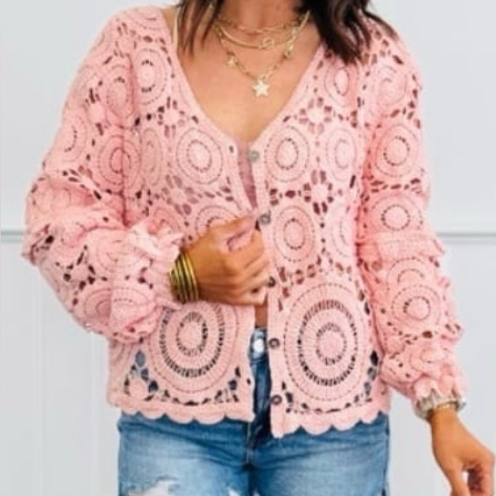 POL Pink Peach Crochet Button Front Cardigan One Size SMC79 Beautiful